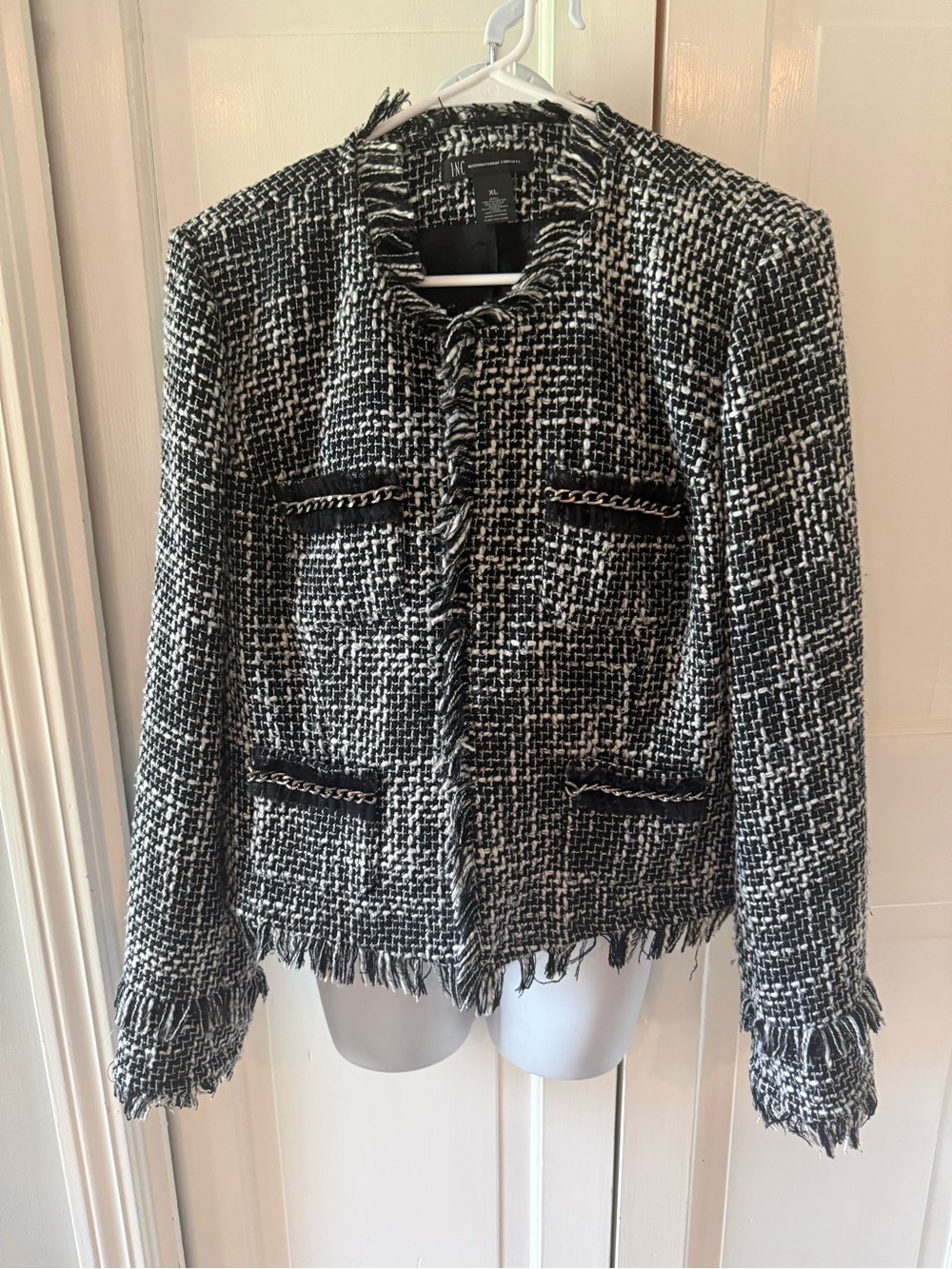 INC International Concepts Black & White Tweed Fringe Jacket